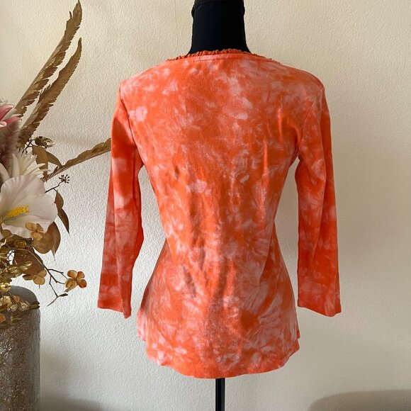 Coral Tie-Dye Y2K Studded Ruffle V-Neck Top - Picture 3 of 7